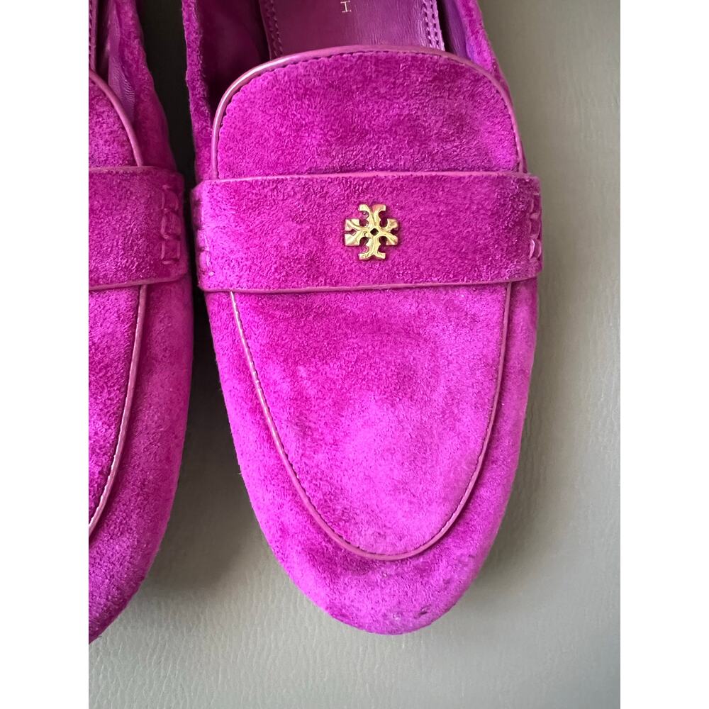 Tory Burch Shoes 6 Loafer Suede Leather Fuchsia Pink Flats Logo Classic Preppy - Picture 2 of 8